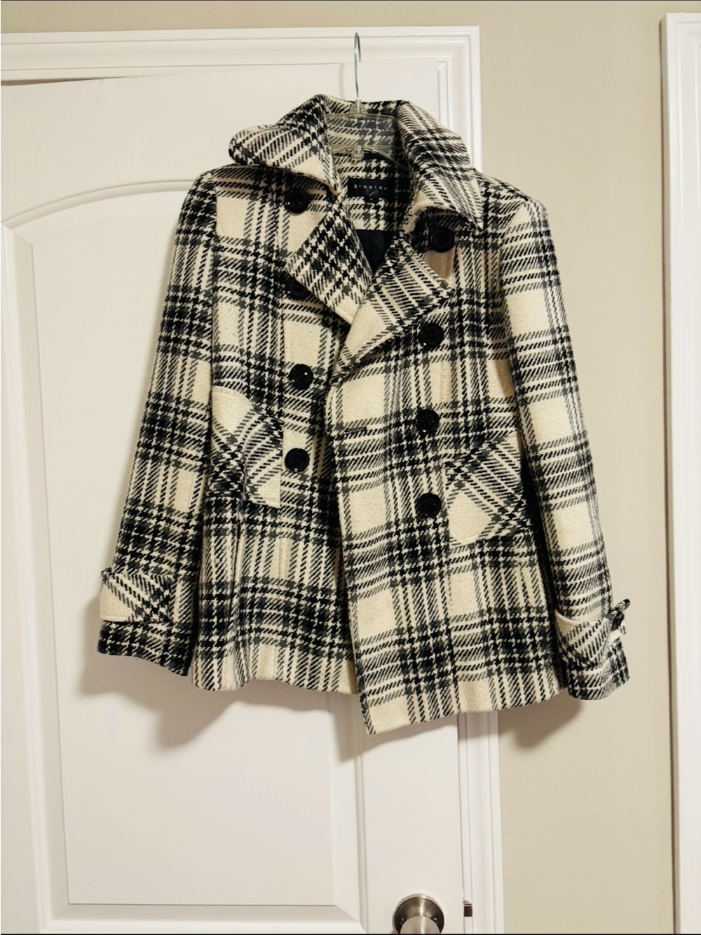 BRAETAN, Double Breasted, Womens Black & Cream Plaid Peacoat Jacket, Size S